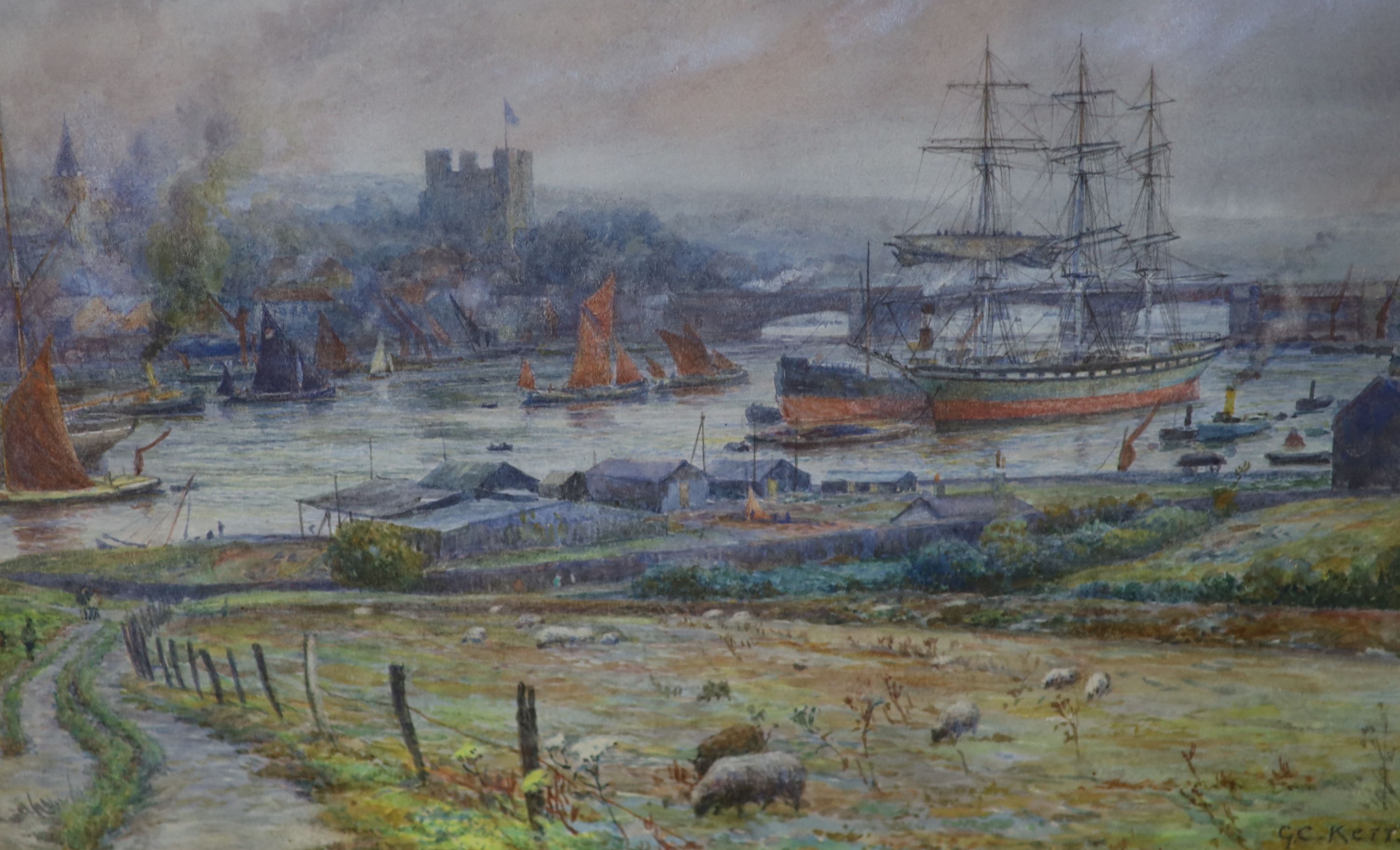 George Graham Kerr (circa 1825-1907), river landscape with shipping, signed, watercolour